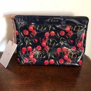 NWT TED BAKER Navy Blue/Cherries patent zip bag